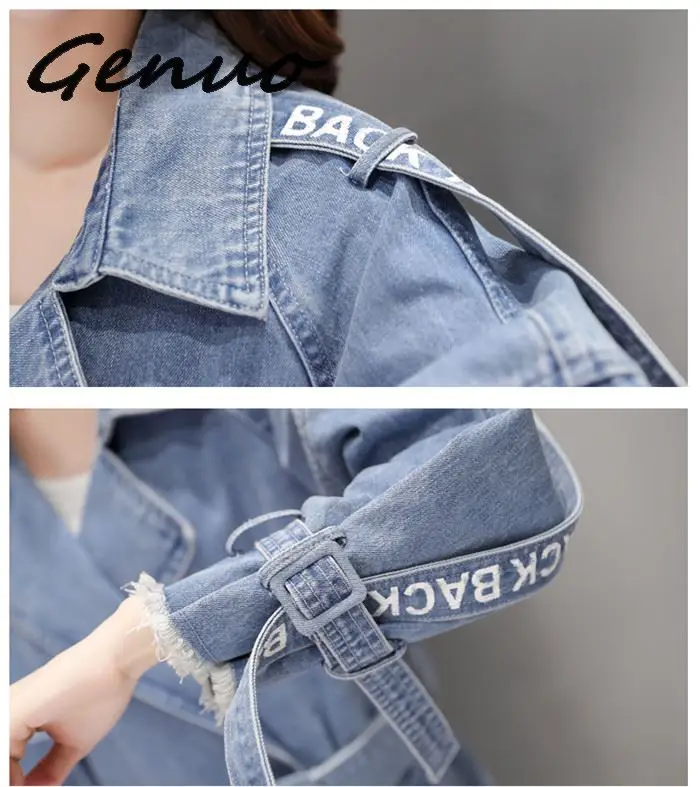 Women's Trench Coat spring Waist Denim Windbreaker Fashion Full Sleeve Outwear Printed Female Long Denim Coat Loose Big Size