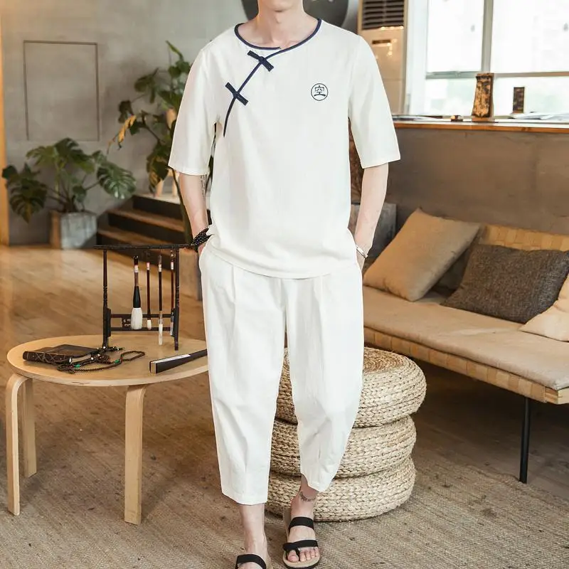 Chinese Style Plus Size 4XL 5XL Summer Men Set Casual Streetwear Short Sleeve T Shirt+ Ankle Pants 2 Peice Sets Male Clothes