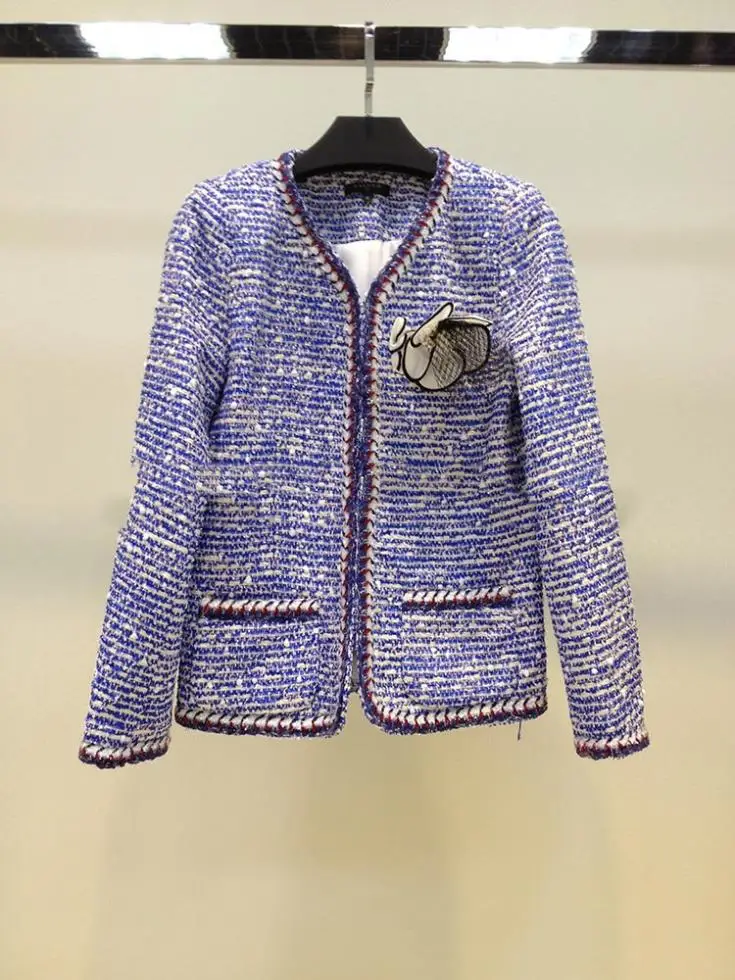 Сине-серая твидовая куртка шерстяное пальто на весну/Осень/зиму шерстяная куртка ручной работы с круглым вырезом зимние блузки твидовая куртка