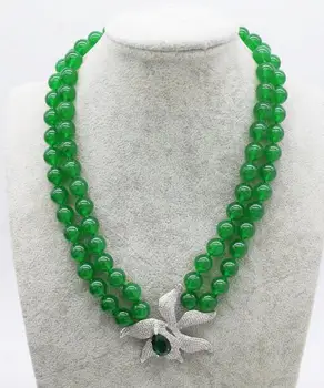 

Beautiful 2rows green round 8mm &zircon flower necklace 17-18" wholesale beads