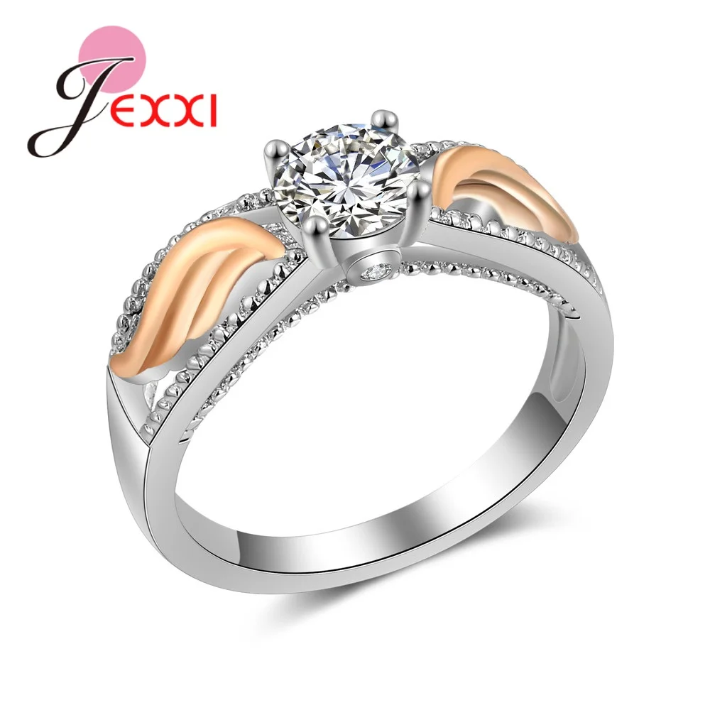 Высокое качество jexxi Настоящее серебро 925 проба Для женщин свадебные Круглый кристаллы группы кольца с крыльями ангела Дизайн