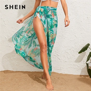 

SHEIN Tropical Print Tie Waist Semi Sheer Cover Up Skirts Womens Summer Beach Style Bohemian Vacation Sexy Split Maxi Skirt