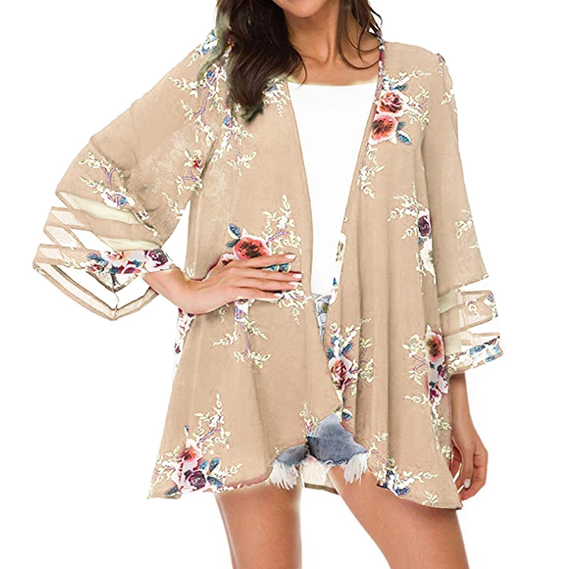 Summer Boho Holiday Plus Size 3XS-3XL Womens Floral Kimono Cardigan Top Female Casual Loose Mesh Shawl Bikini Cover Up Blouse