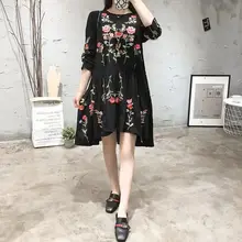 2017 women vintage long sleeve flower floral embroidery black dress elegant vestidos casual loose round collar ruffle dresses