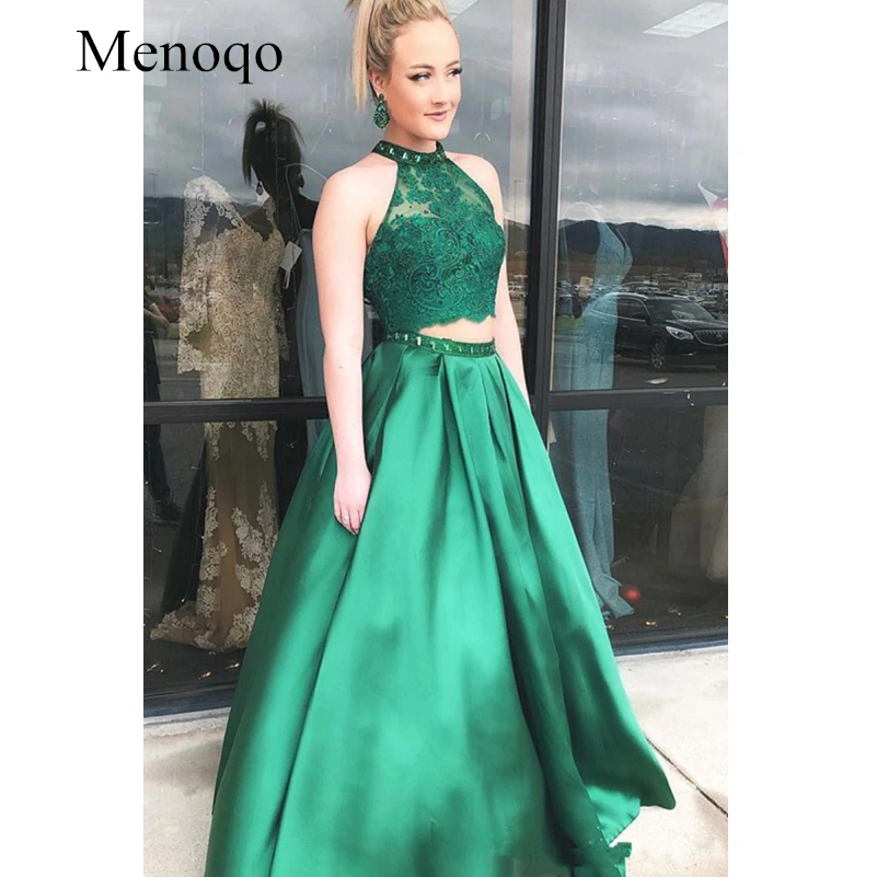 Sexy Halter Prom Dresses Formal Pageant robe de soiree Two Pieces Prom Party Gowns Lace Top vestido de festa Beading Prom Gowns-_副本