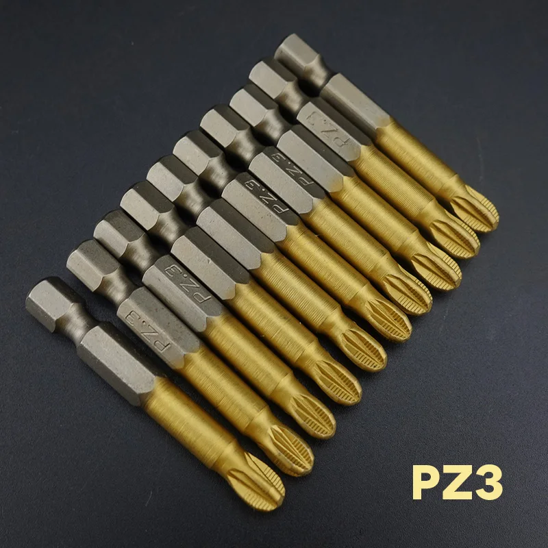 10 шт./лот 50 мм-127 мм S2 титановые биты pozidrive шестигранные хвостовые противоскользящие отвертки биты магнитные Одна Головка PZ1/PZ2/PZ3