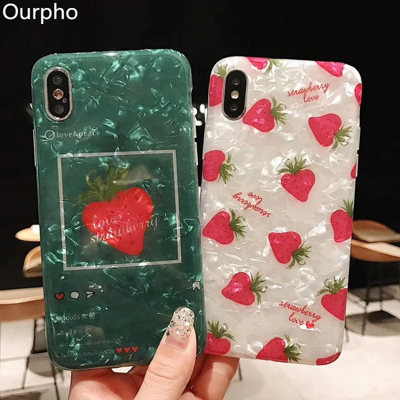 

Ourpho IMD shell mobile phone case for iphone 6 6s 7 8plus strawberry green phone case for iphone X XR XS MAX F