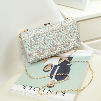 

LYKANEFU Pretty Beading Pearl Evening Bag Clutch Purse Women Bag Chain Frame Day Clutches Ladies Party Wedding Bride Hand Bag