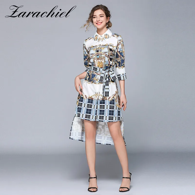 

2019 Summer Runway Print Pattern Plaid Shirt Dress Women Fall Turn Down Collar Single-Breasted Casual Belt Bow Irregular Dress