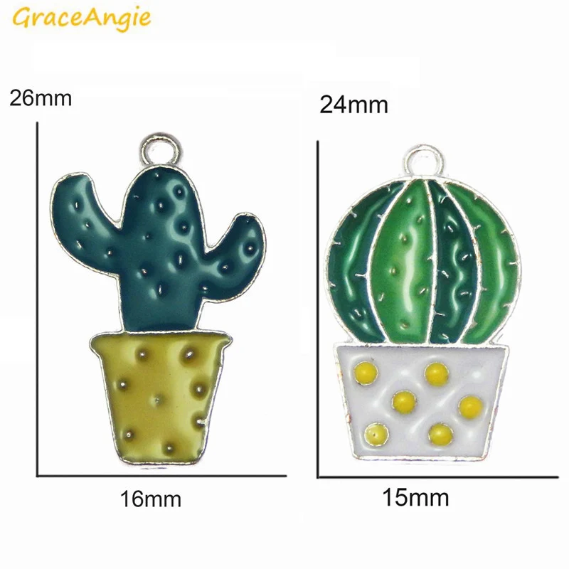 

GraceAngie 10PCS Green Cactus Colorful Enamel Cacti Silver Color Alloy Base Pendant Charm for DIY Fine Earring Keychain Jewelry