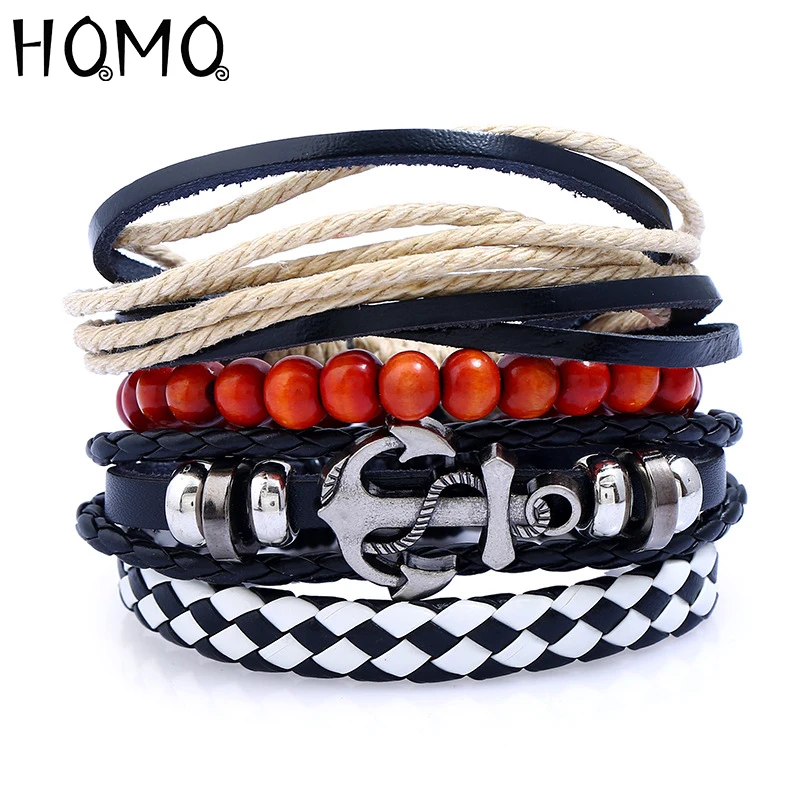 

HQMQ Retro Anchor Multilayer Leather Bracelet Men Fashion Braided Handmade Star Rope Wrap Bracelets & Bangles Male Gift