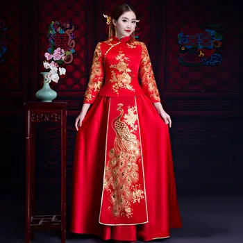 

Asian Female Traditional Wedding Dress Chinese Style Peacock Cheongsam RED Embroidery Bride Toast Clothes Oriental Qipao Set