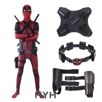 

2018 Deadpool 2 Costume Adult Man Spandex Lycra Zentai Bodysuit Halloween Cosplay Suit Belt Headwear Mask Sword holster