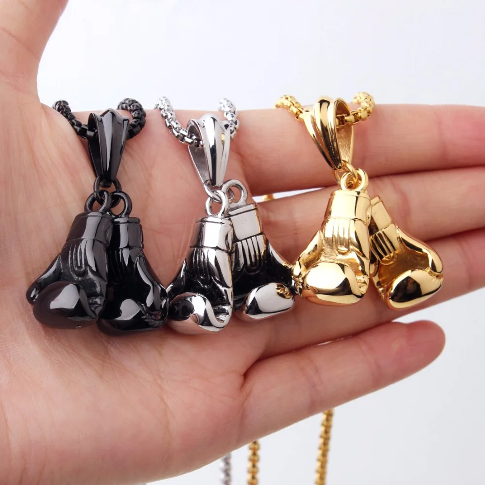 

2pcs/set Boxing Glove Pendant Fashion Men's Punk Neck Jewelry Silver Gold Black Color Stainless Steel Box Chain Necklace 24"