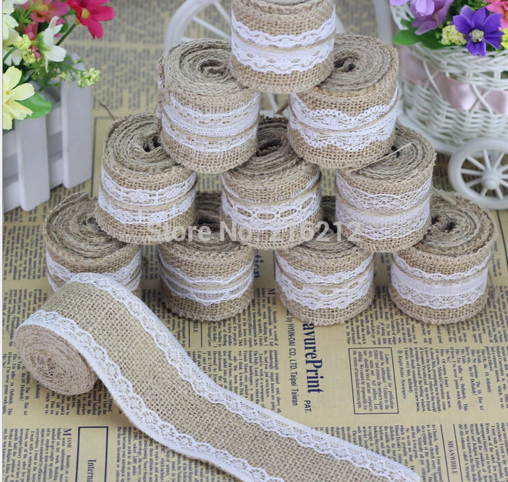 

5CM WIDE Natural Jute Burlap Hessian Ribbon with Lace Trims Tape Rustic Wedding Decor wedding cake topper