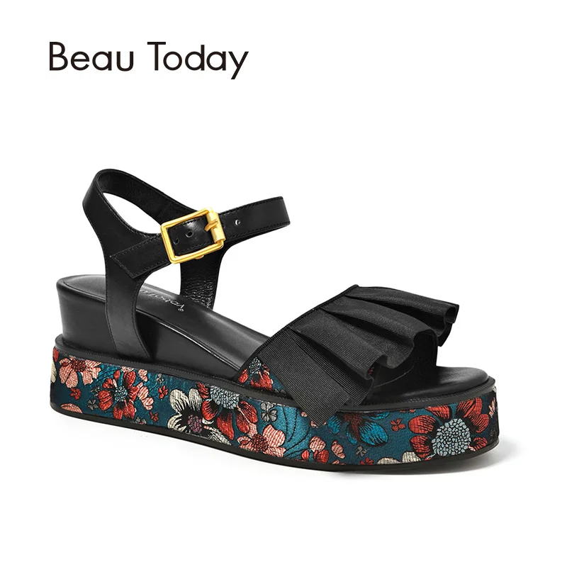 

BeauToday Summer Platform Sandals Genuine Cow Leather Buckle Strap Prints Top Quality Women Wedges Heel Shoes 32065