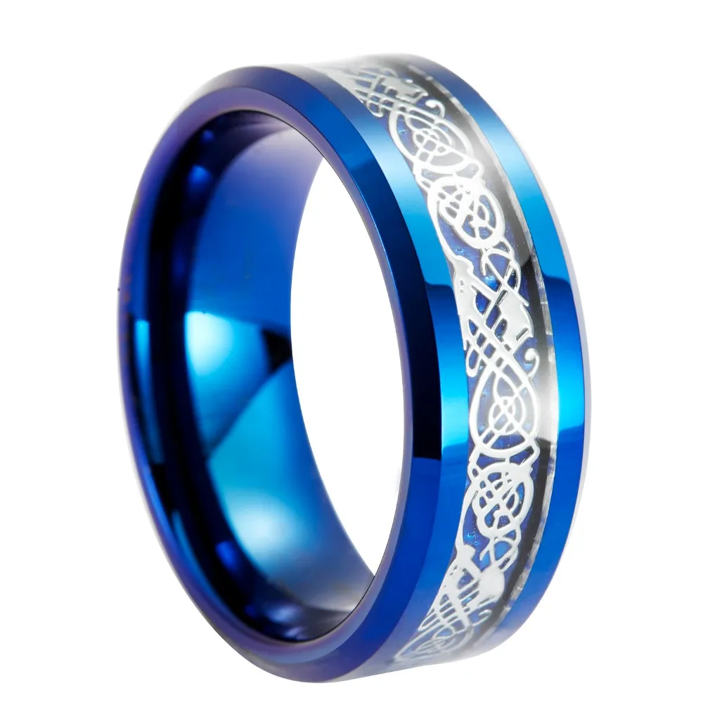 QUEENWISH-8mm-Blue-Tungsten-Carbide-Ring-Silvering-Celtic-Dragon-Blue-Carbon-Fibre-Wedding-Band-Mens-Jewelry