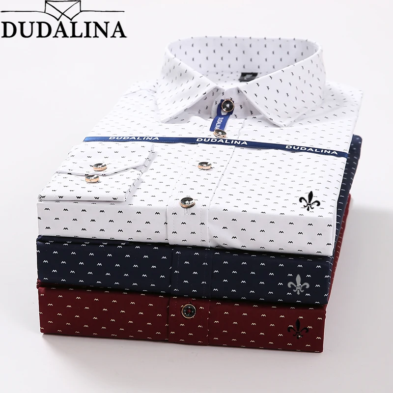 Goede Dudalina Polka Dot Borduurwerk Mannelijke Shirt Mannen Lange Mouw Mannelijke Sociale Man Slim Fit Reserve