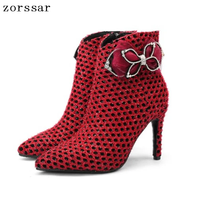 

{Zorssar} Big Size 33-43 Sexy Red Thin heels Women Ankle Boots Winter Suede leather Fashion Crystal Female Booties Banquet shoes