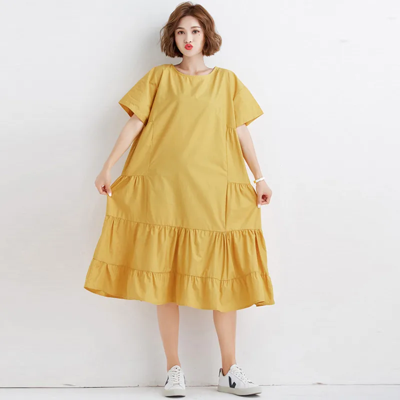 

Johnature 2019 New Solid Color Patchwork Loose Summer Sweet Dresses O-neck Short Sleeve Ruffles Simple Women Dress