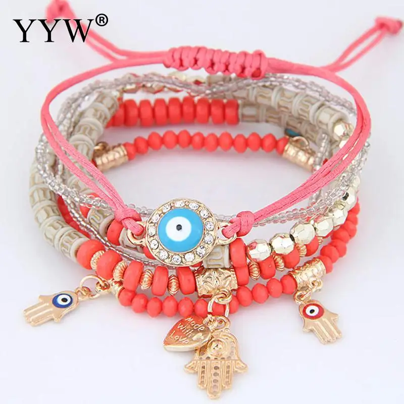 

2019 Hamsa Hand Blue Evil Eye Heart Charm Bracelets & Bangles Multilayer Beads Turkish Pulseras For Women