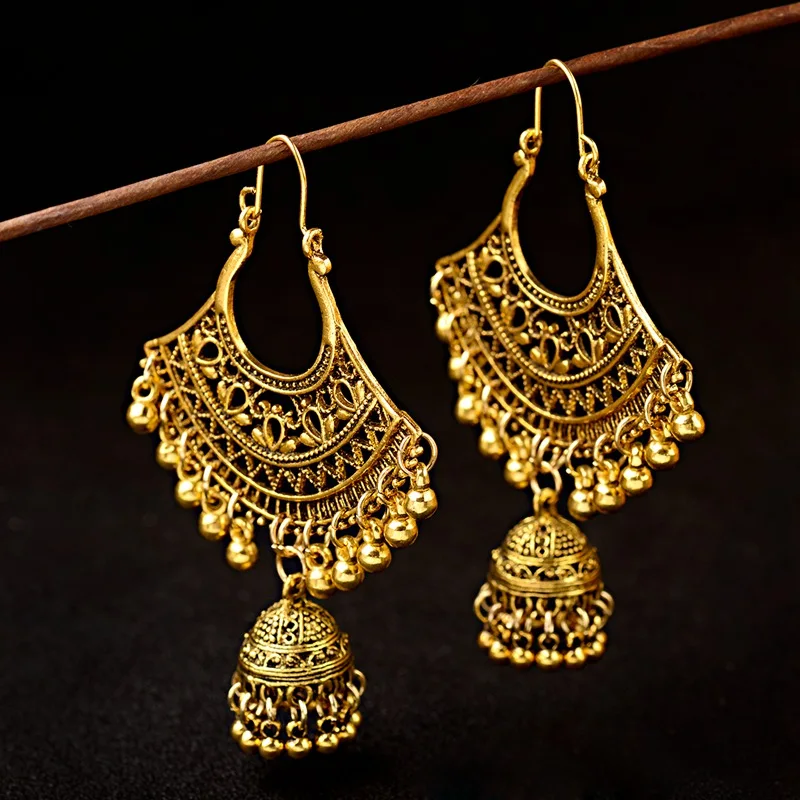 Женские винтажные золотистые серьги Jhumka Jhumki индийские ювелирные украшения в