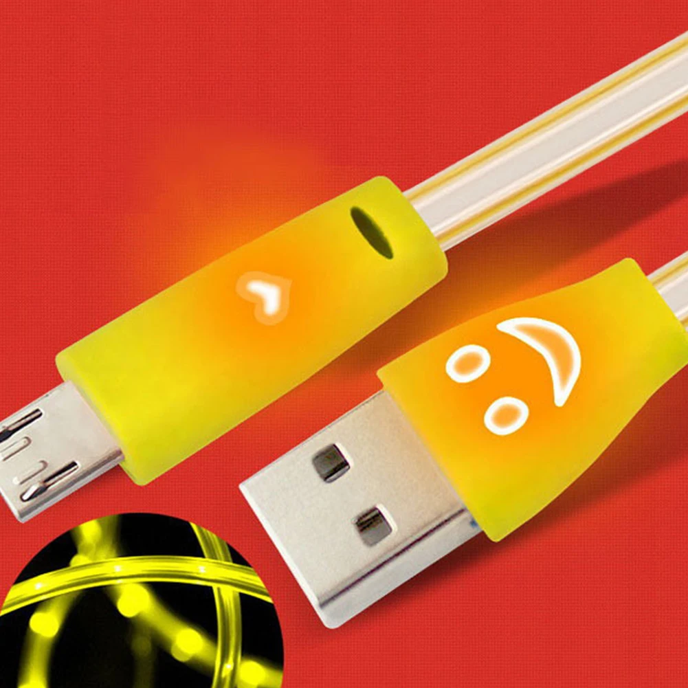 

Plastic Smiling Face Glowing LED Light Micro V8 USB Data Cable Noodle Cable Charger Data Cable Random Color