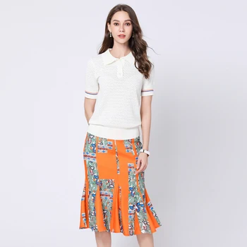 

Aihuyigui 2019 summer fashion runway designer hollow out top shirt suit set + women flower print skirt set 2 piece se356