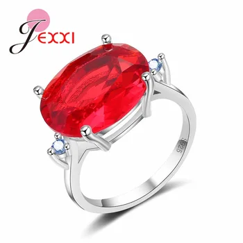 

Women Bridal Wedding Oval Red Crystal Rings 925 Sterling Silver Jewelry Fashion Engagement Finger Ring Christmas Party