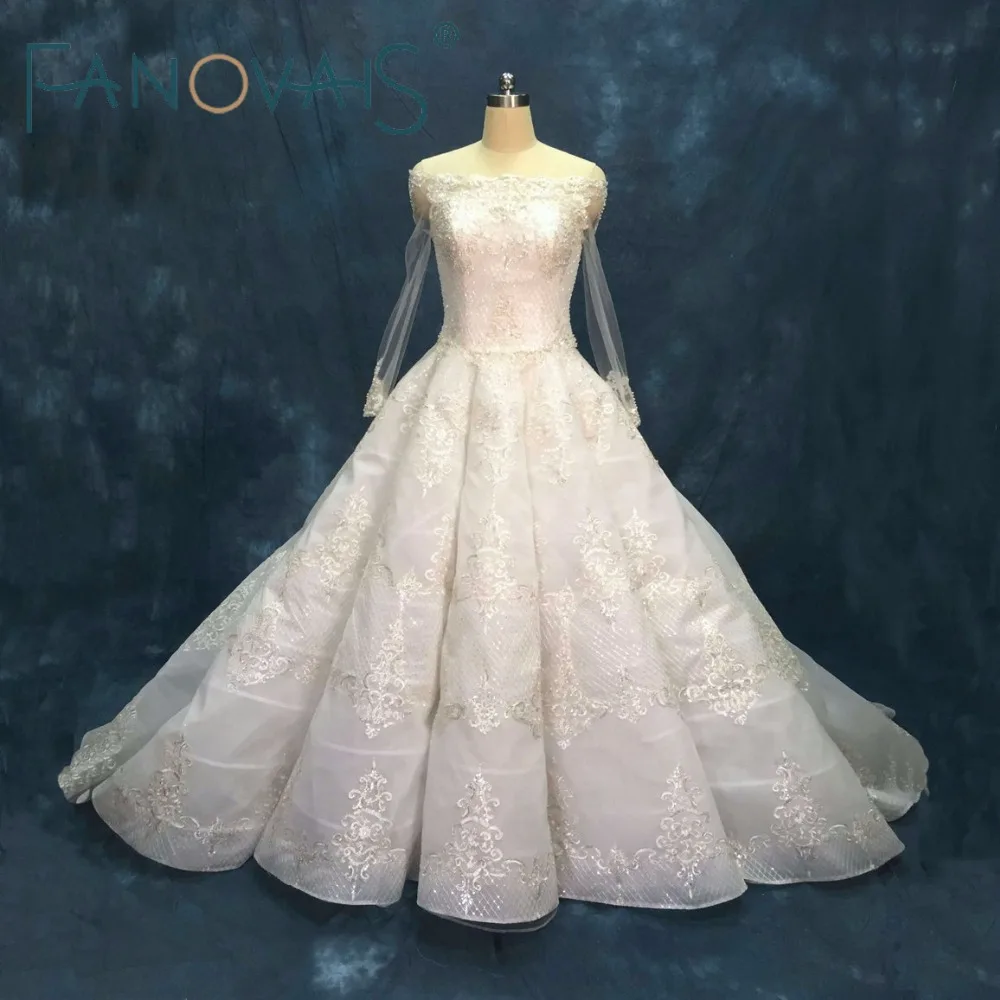 Роскошные кружевные Бусы Свадебные платья с длинным рукавом с открытыми плечами Бальные платья Vestido de Novia Robe de Maree винтажное свадебное