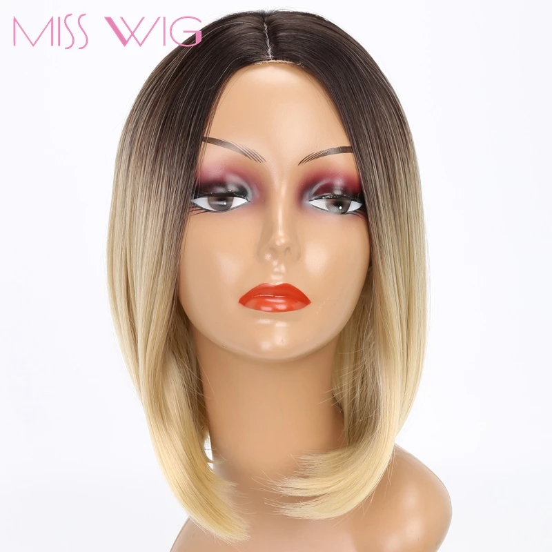 MISS WIG Black Ombre Blonde 14Inches Short Straight Bob Wigs Synthetic Hair Wig For Black Women None Lace High Temperature Fiber