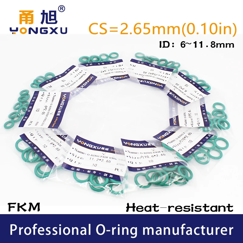 

20PCS/lot Green FKM Rubber O-rings Seals 2.65mm Thickness 6/7.1/7.5/8/8.5/9/9.5/10/10.6/11.2/11.8mm ID ORings Seal Gasket Washer