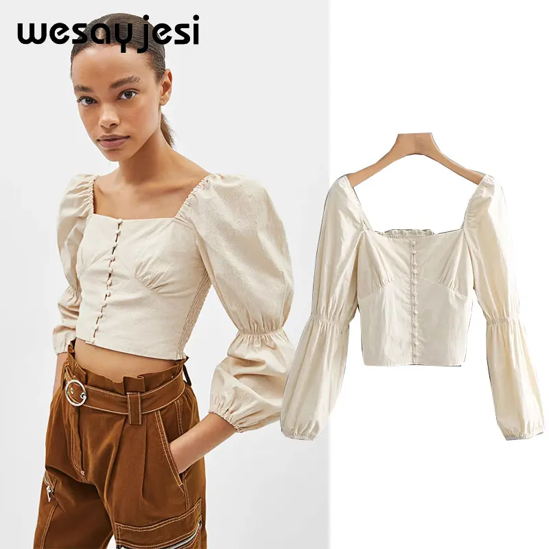 

2019 womens tops and blouses england style solid blouse long lantern sleeve square collar spring women tops blouse women