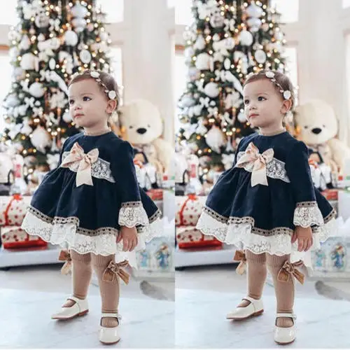 

2018 New Princess Lace Dress Baby Kid Girl Lace Long Sleeve Dress Party Wedding Pageant Chidlren Girls Bowknot Navy Dresses
