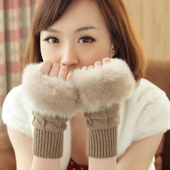

New LNRRABC Women Cute Faux Rabbit Fur Knitted Gloves Female Winter Knitting Warmer Wrist Hand Gloves