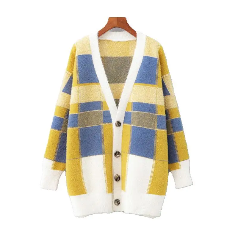 Imitation Mink Wool Sweater Coat Ladies Long Autumn and Winter New Loose Plaid Padded Knit Cardigan Women Sweaters