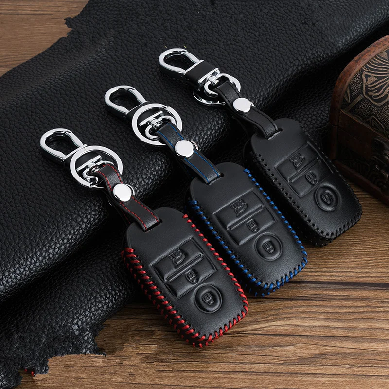 3 Buttons Leather Car Key Cover case Bag Keychain skin set for Kia Rio
