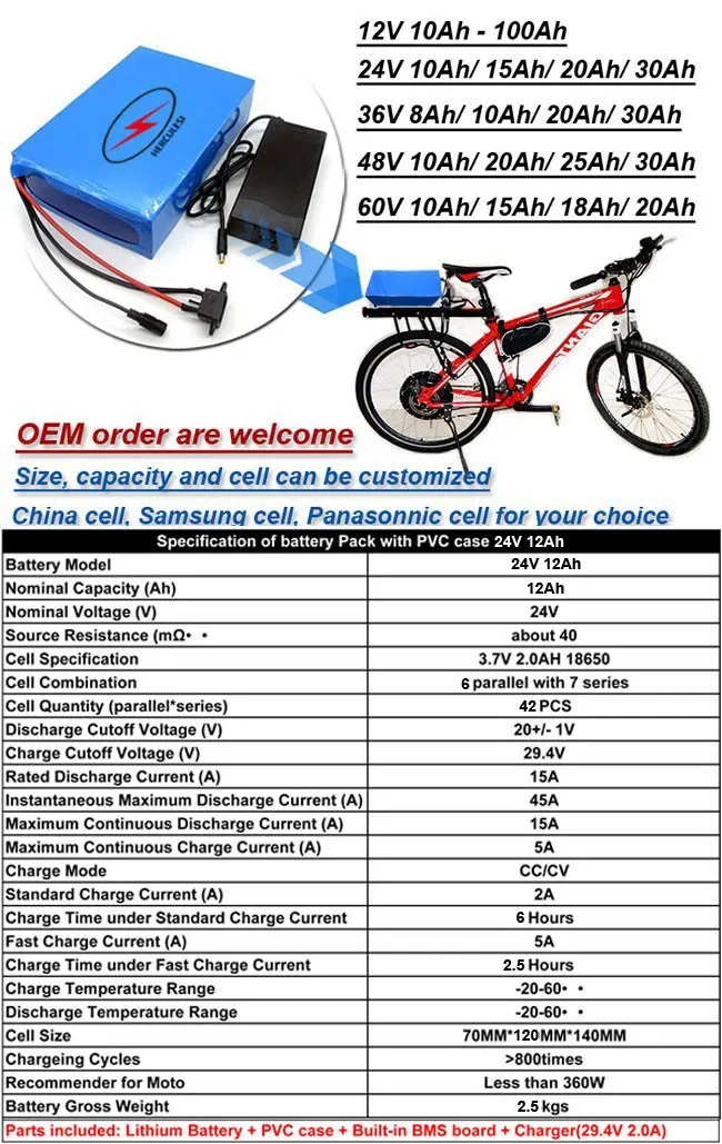 FREE SHIPPING   Rechargeable 360W Electric Bike Battery 24V 12Ah Bicycle Lithium  Battery Pack 15A BMS Li-Ion for Scooter Bicicleta Eletrica  