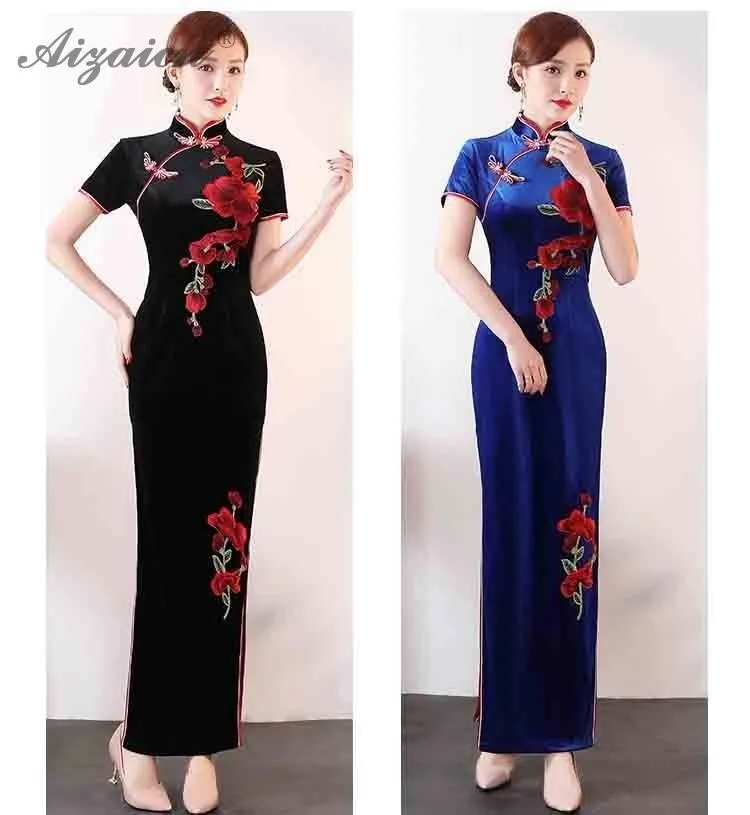 Оригинальный ретро синий бархат вышивка длинный Cheongsam Китай Femme тонкое винтажное платье Qi Pao китайское традиционное платье халат Ципао