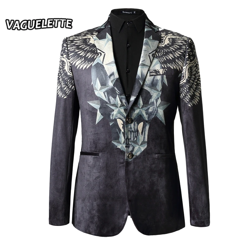 Luxury Brand Men Blazer Slim Fit Velvet 3D Print Skull