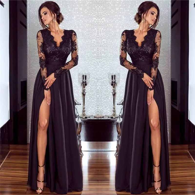 

2018 summer woman's dress New pattern Pure color Long sleeves of lace Slit Ceremony Girl Dress black longdress party Maxidress
