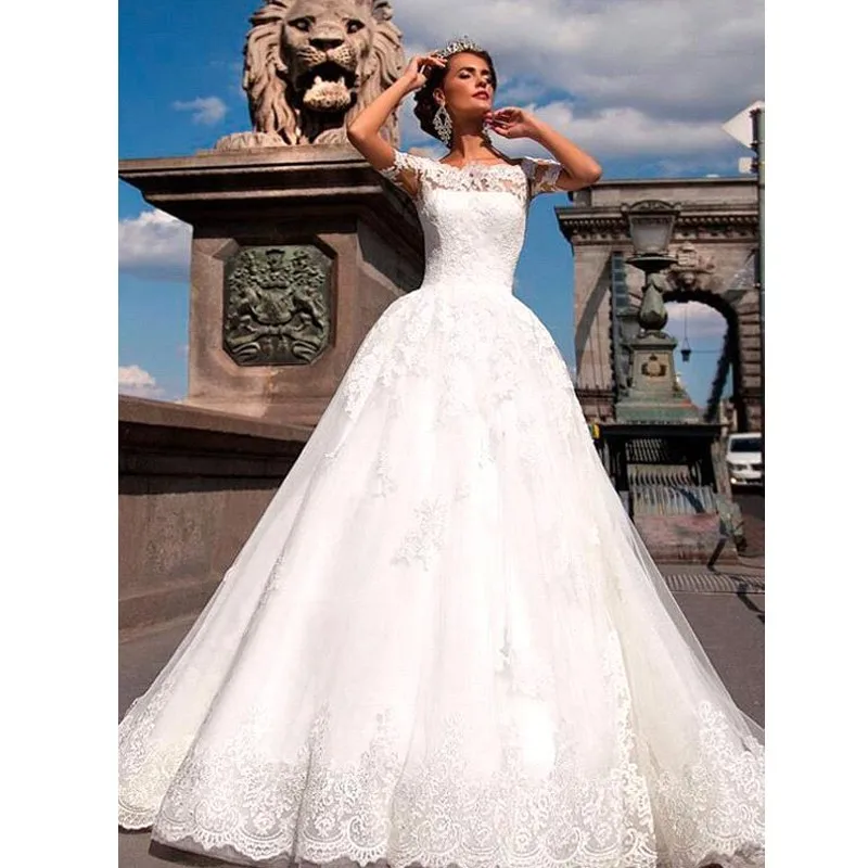 Элегантный белый длинные свадебные платья 2016 лодка шеи с коротким рукавом аппликации кружева женщины веселые свадебные платья свадебные