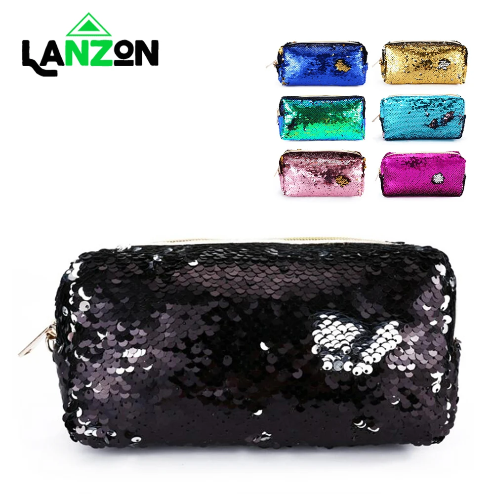 

Lanzon Mermaid Sequins Women Handbag Glitter Colorful Cosmetic Bags Large capacity Lady Makeup Storage Bag Portable Zipper Pouch
