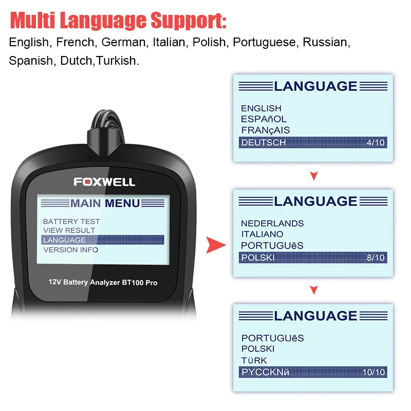 FOXWELL BT100 Pro 12 в автомобильный тестер батареи для свинцово-кислотной заливной AGM гель 12 вольт Автомобильный цифровой анализатор батареи 100-1100CCA