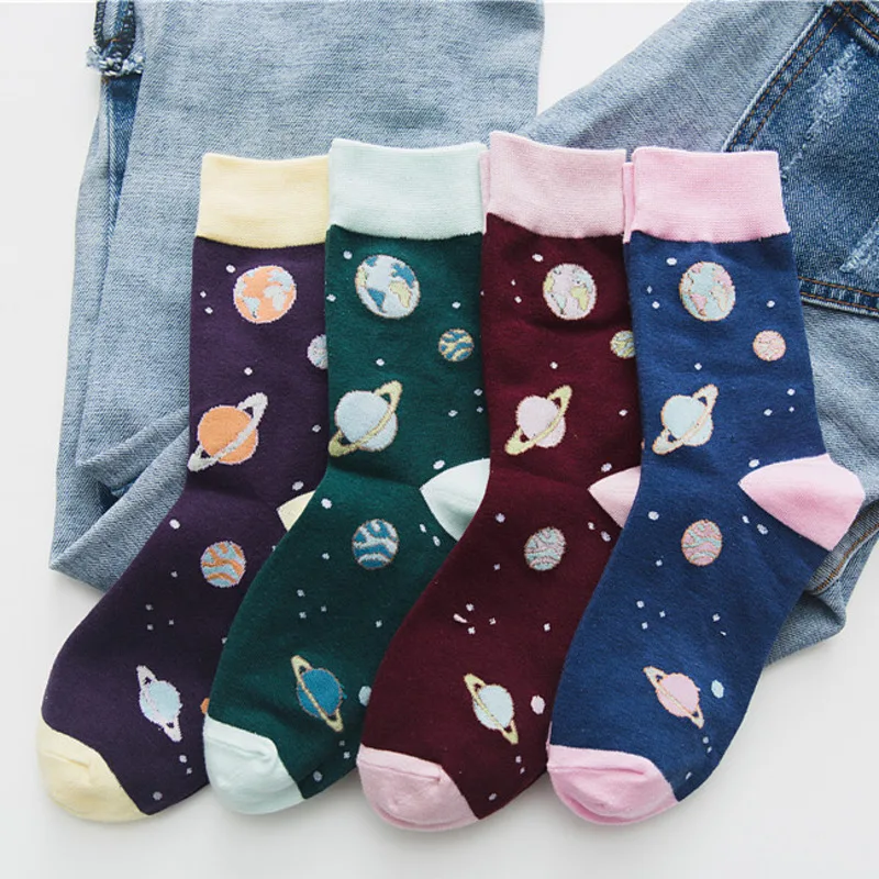 Мультяшная космическая планета; винтажные цветные забавные носки в стиле Харадзюку; уличная одежда в стиле хип-хоп; повседневные хлопковые носки; сезон осень-зима
