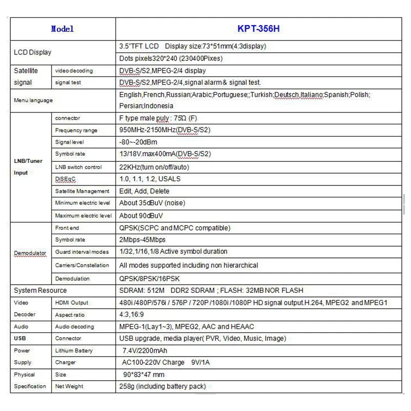 Kpt-356H 3,5 дюймов ручной многофункциональный Dvb-S/S2 спутниковый искатель быстрое отслеживание Full HD цифровое спутниковое ТВ приемник Finde