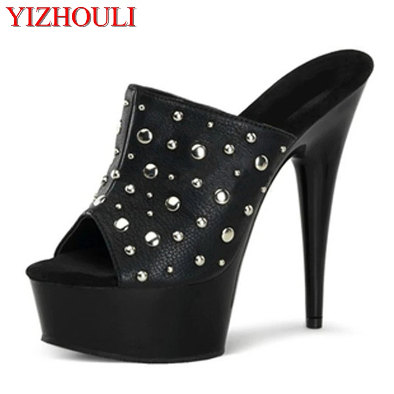 Sexy polyurethane material, 15 cm, summer high heel paint platform, rivet decoration, dancing shoes
