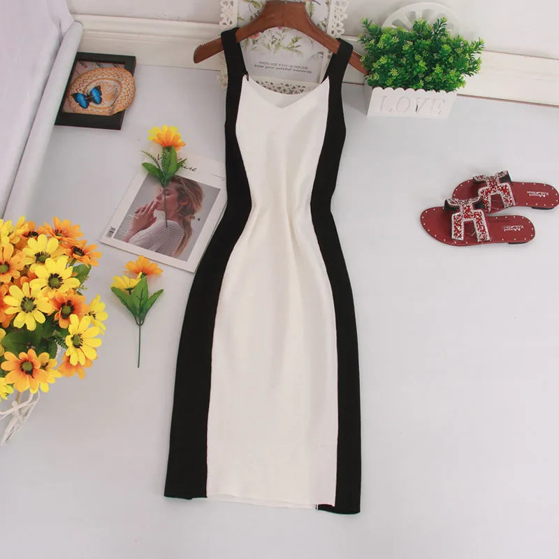 

LISM White&Black Knitted Robe Femme Sleeveless Patchwork Stretch Midi Bodycon Club Women Dress Summer Korean Sexy Club Vestidos