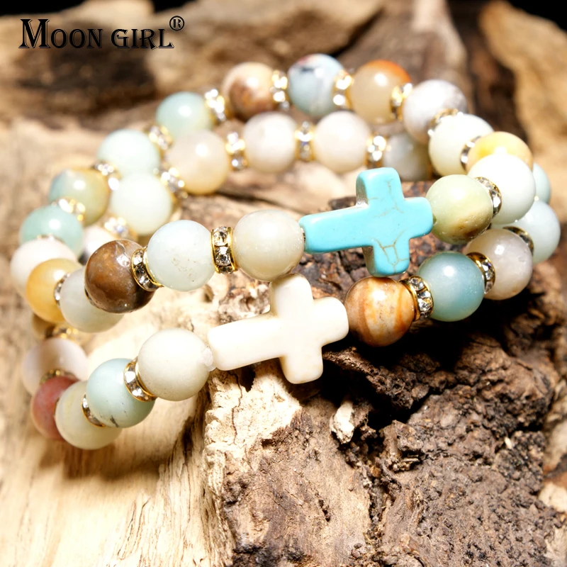 

MOON GIRL Amazonite Stone 8mm Beaded Cross Bracelets Femme Black Lava Stone Yoga Charm Girls Bracelet For Women Drop Shipping