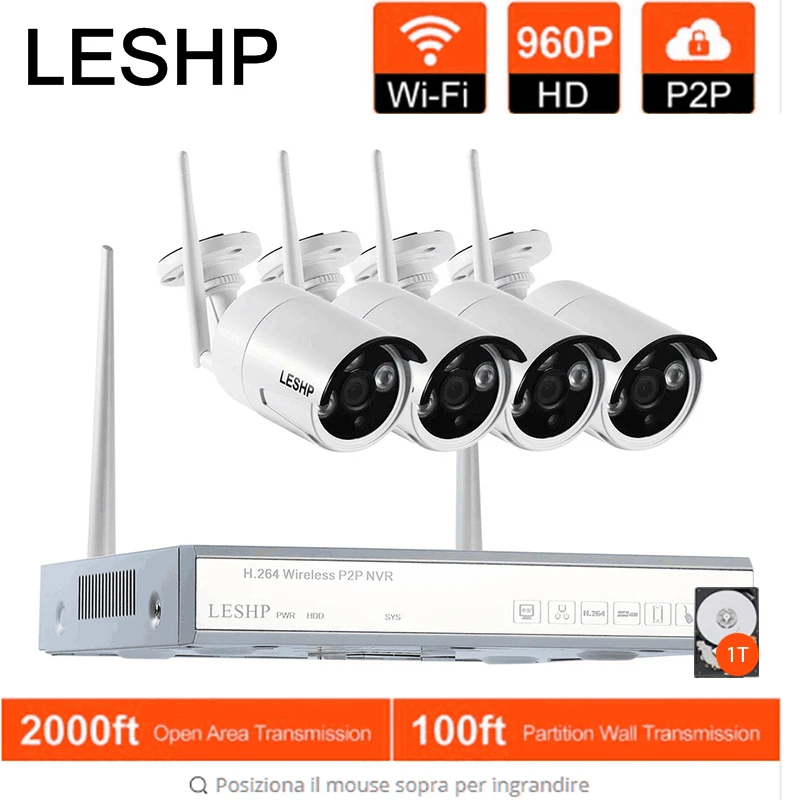 

LESHP Wireless Camera Wifi 960P IP 4CH NVR CCTV System Video Recorder 4 x 1.3MP Wifi Outdoor Network IP Cameras With 1T HDD